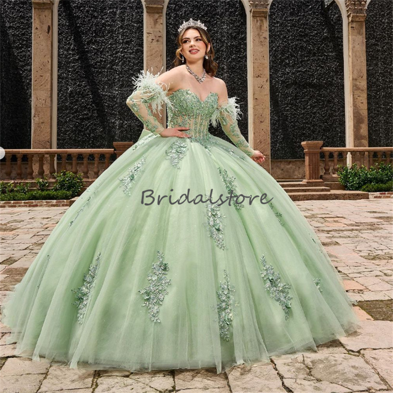 Luxury Green Florals Quinceanera Dresses 2023 With Feather Corset Ball Gown Princess Sweet 15 Dress Elegant Birthday Party Gowns Para Xv Anos vestidos