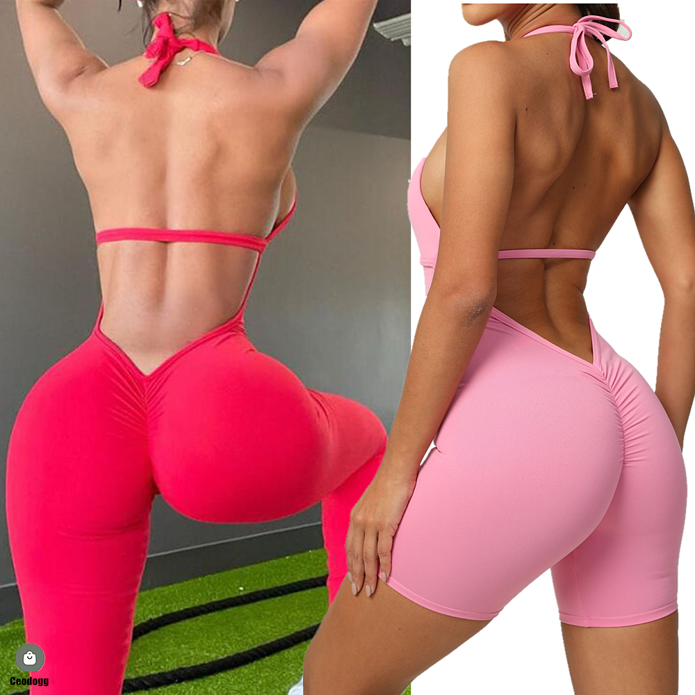 Yoga Outfits Pad Halter Sleeveless Backless Sporty Jumpsuit Woman Sportwear Yoga Set Gym Workout Overalls Active Wear 230825