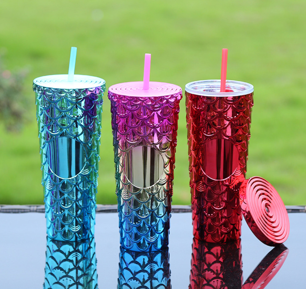 The latest 24OZ rainbow electroplated fish scale double-layer plastic straw coffee mug, many styles to choose from, and any logo can be customized