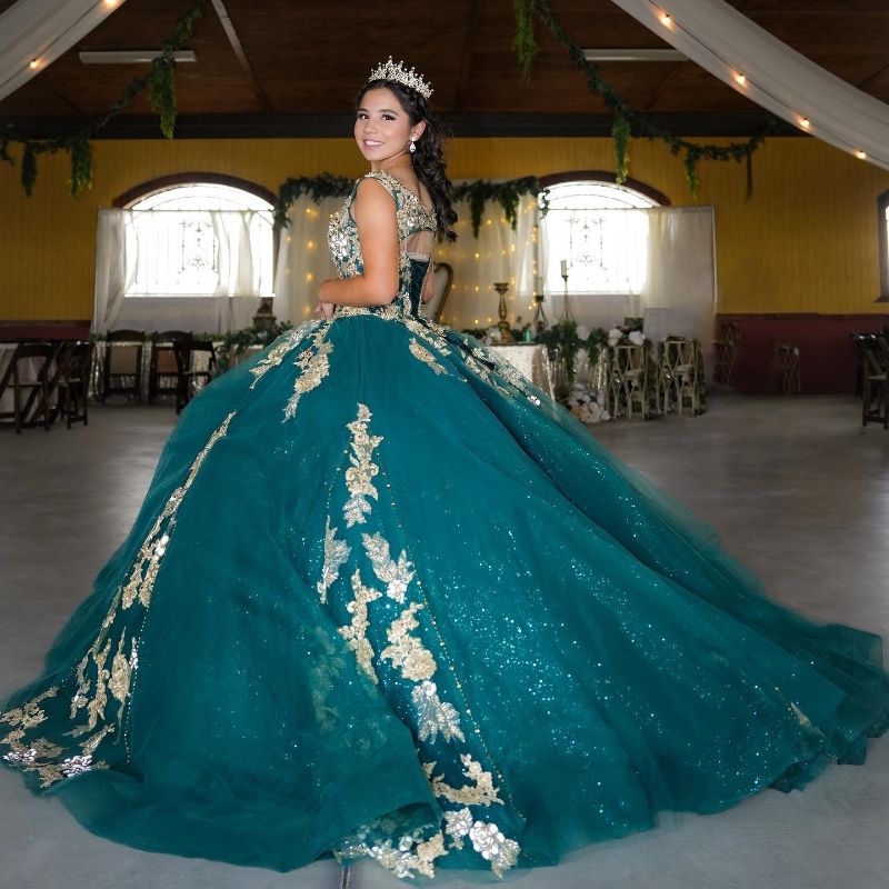 Shiny Green V-Neck Quinceanera Ball Gown Beads Gold Appliques Lace Sweet 16 Dress Lace-Up Party Dresses