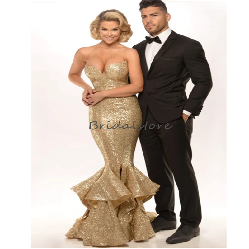 Sparkle Sequin Gold Evening Dress 2023 With Ruffles Elegant Sweetheart Fishtail Mermaid Prom Dress Luxe Women Formal Occasion Vestios De Fiesta Robes 