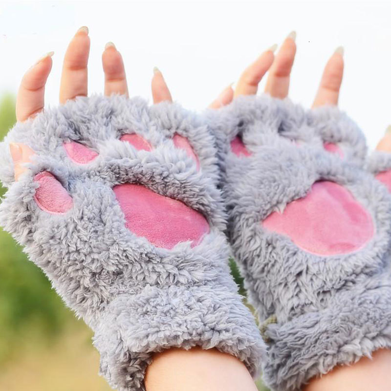 Fingerless Gloves Christmas Halloween Faux Fur Gloves Plush Bear Cat Paw Claw Gloves For Women Cycling Women Mittens Windproof Halffinger Gloves 23082