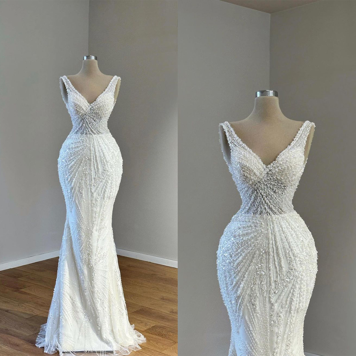Sexy V-Neck Mermaid Wedding Dresses Strap Slim Fit Sweep Train Lace Appliques Bridal Gowns Formal Sleeveless Dress