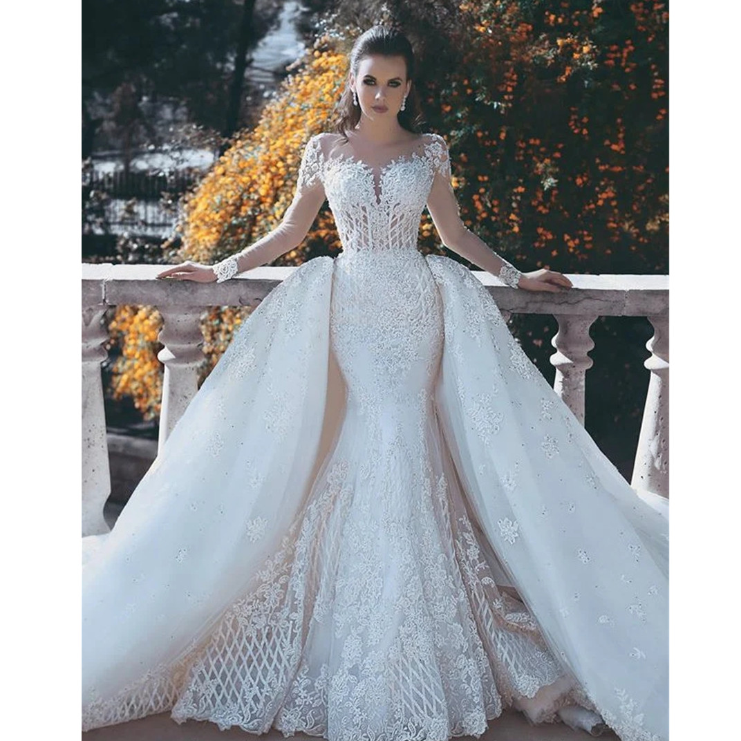 Arabic Plus Size Sheer Neck Long Sleeves Mermaid Wedding Dress Appliques Lace Detachable Stunning Aso Ebi Bridal Gowns 6660312