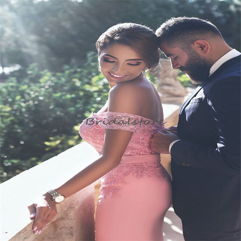 Middle East Pink Saudi Arabic Evening Dress 2023 Tight Mermaid Abaya Lace Prom Dress Off Shoulders Formal Ceremony Party Dress Vestios De Fiesta Robes