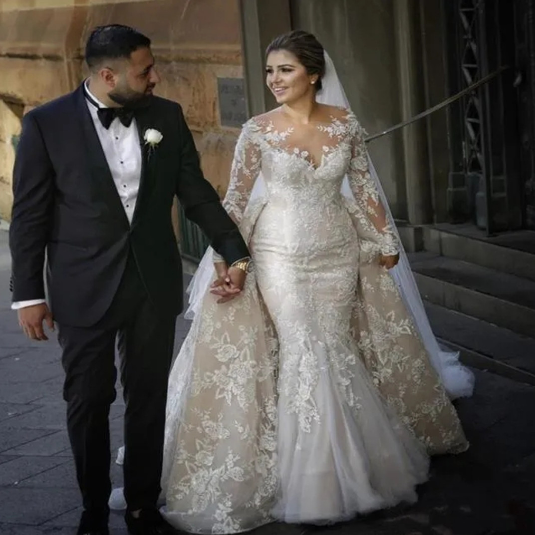 Arabic Aso Ebi White Mermaid Wedding Dresses Detachable Overskirts Sexy Stunning Sheer Neck Long Sleeves Bridal Gowns Vestido De Noiva Customized