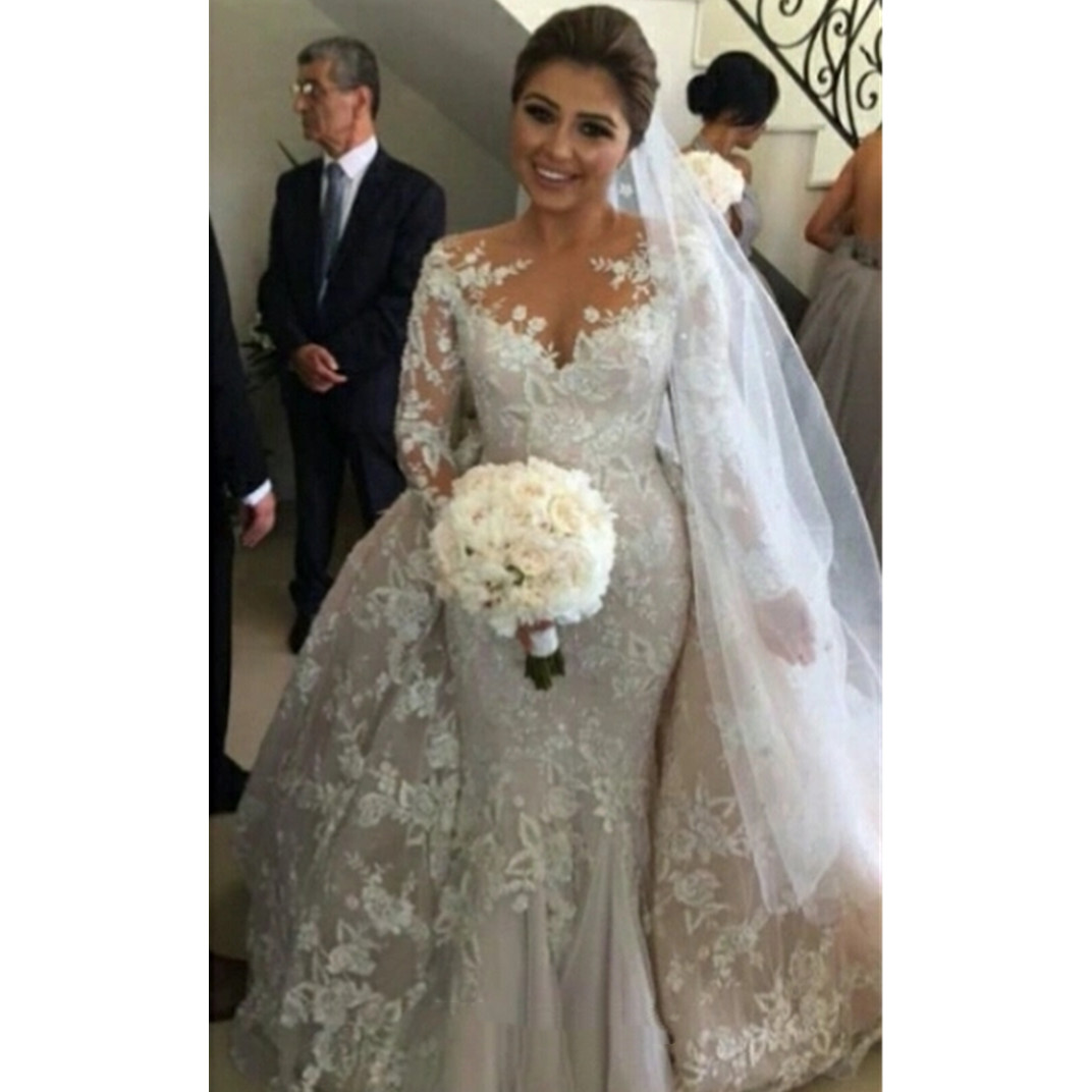 Arabic Aso Ebi White Mermaid Wedding Dresses Detachable Overskirts Sexy Stunning Sheer Neck Long Sleeves Bridal Gowns Vestido De Noiva Customized