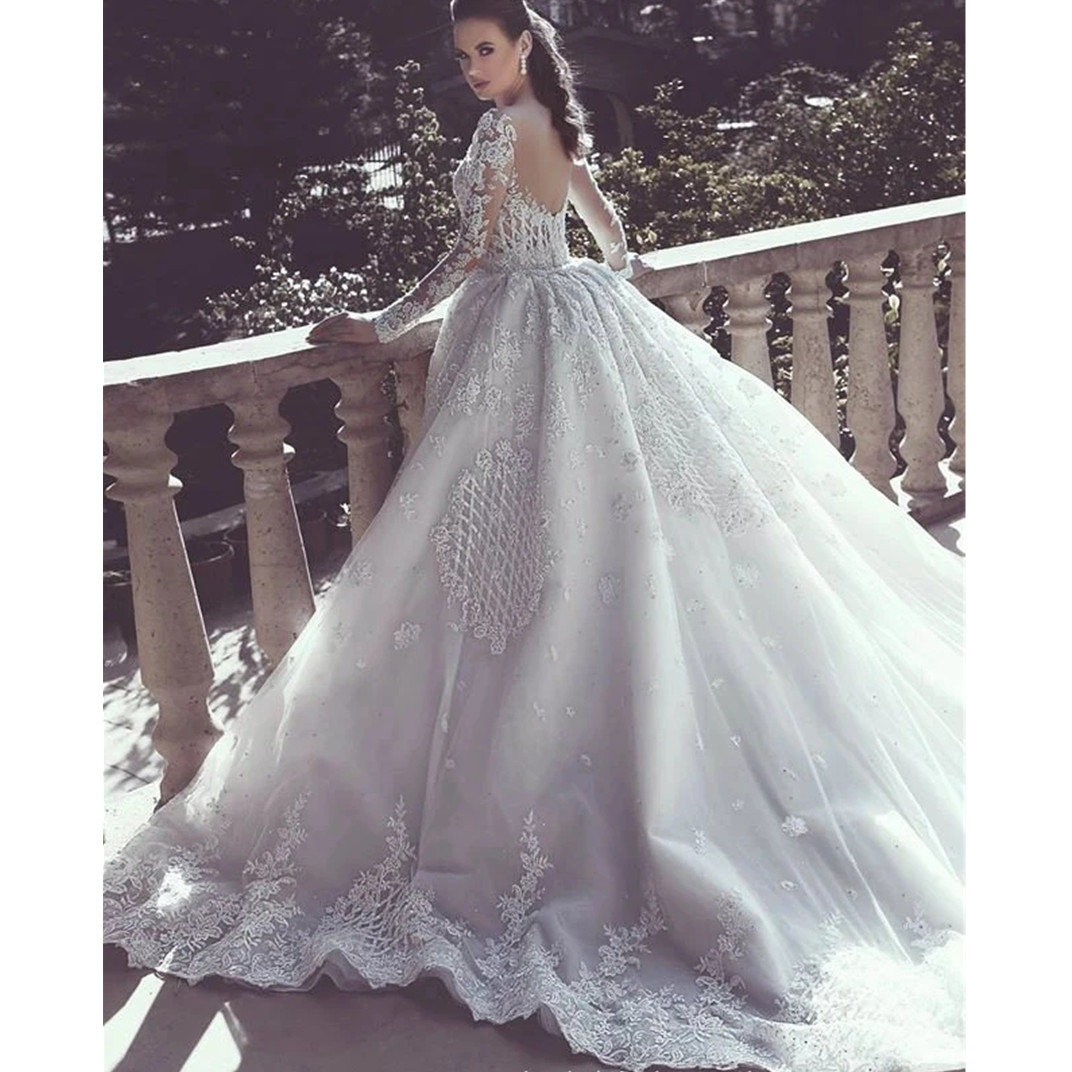 Arabic Plus Size Sheer Neck Long Sleeves Mermaid Wedding Dress Appliques Lace Detachable Stunning Aso Ebi Bridal Gowns 6660312