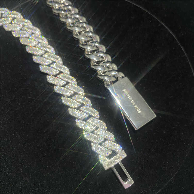 925 Sterling Silver Miami Cuban Link Chain Hip Hop Jewelry Diamond Clasp Iced Vvs Moissanite Baguette