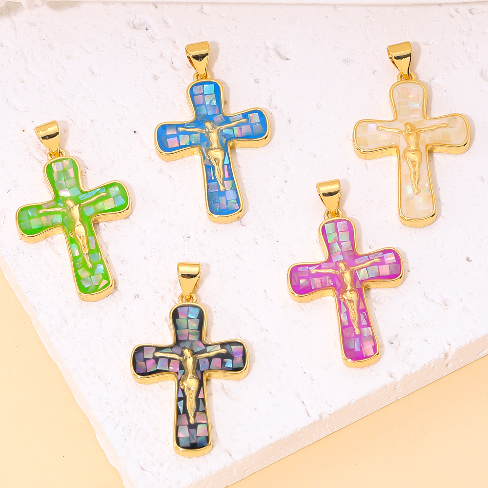 Charms Juya Handmade 18K Real Gold Plated Opal Shell Christian Cross Charms For DIY Religious Christmas Gift Jewelry Making Supplies 230826