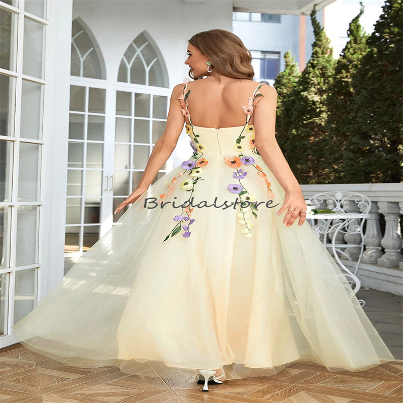 Colorful Flowers Mint Yellow Evening Dress 2023 Sexy Spaghetti Straps Tulle Prom Dress Backless Formal Occasion Maxi Party Dress Vestios De Fiesta Rob