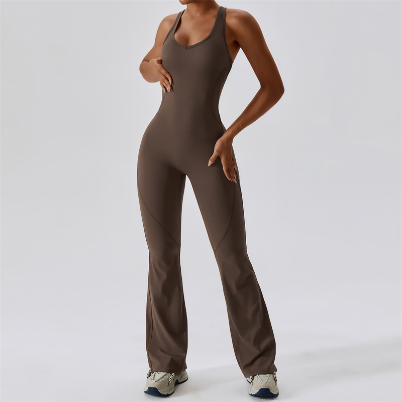 Women's one-piece yoga set sleeveless close fitting dance jumpsuit long pants quick drying and breathable bell bottoms
