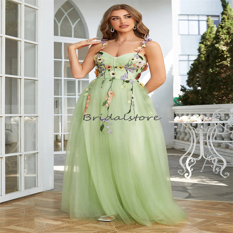 Colorful Flowers Mint Yellow Evening Dress 2023 Sexy Spaghetti Straps Tulle Prom Dress Backless Formal Occasion Maxi Party Dress Vestios De Fiesta Rob