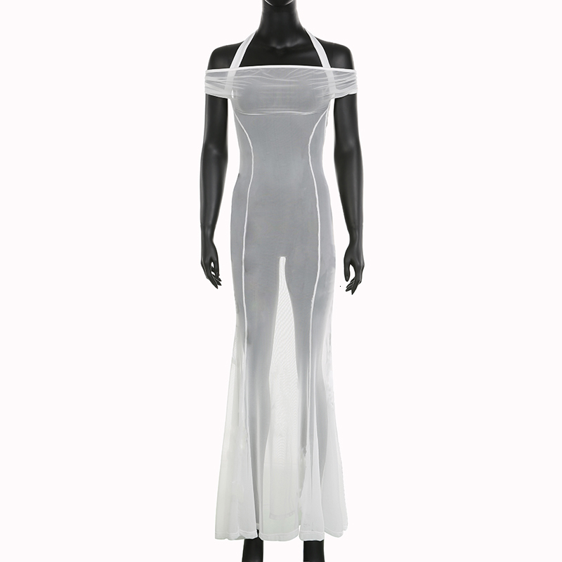 Basic Casual Dresses BIIKPIIK See Through Sexy Women Long Fashion Split White Elegent Clubwear Dress Backless Streetwear Sheer Clothing 230825