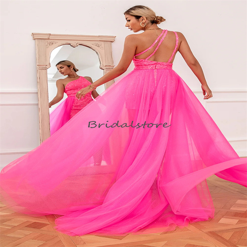 Luxury Hot Pink Sequin Evening Dress With Detachable Train 2 in 1 Hi Low Prom Dress 2023 One Shoulder Short Royal Blue Cocktail Party Vestios De Fiest