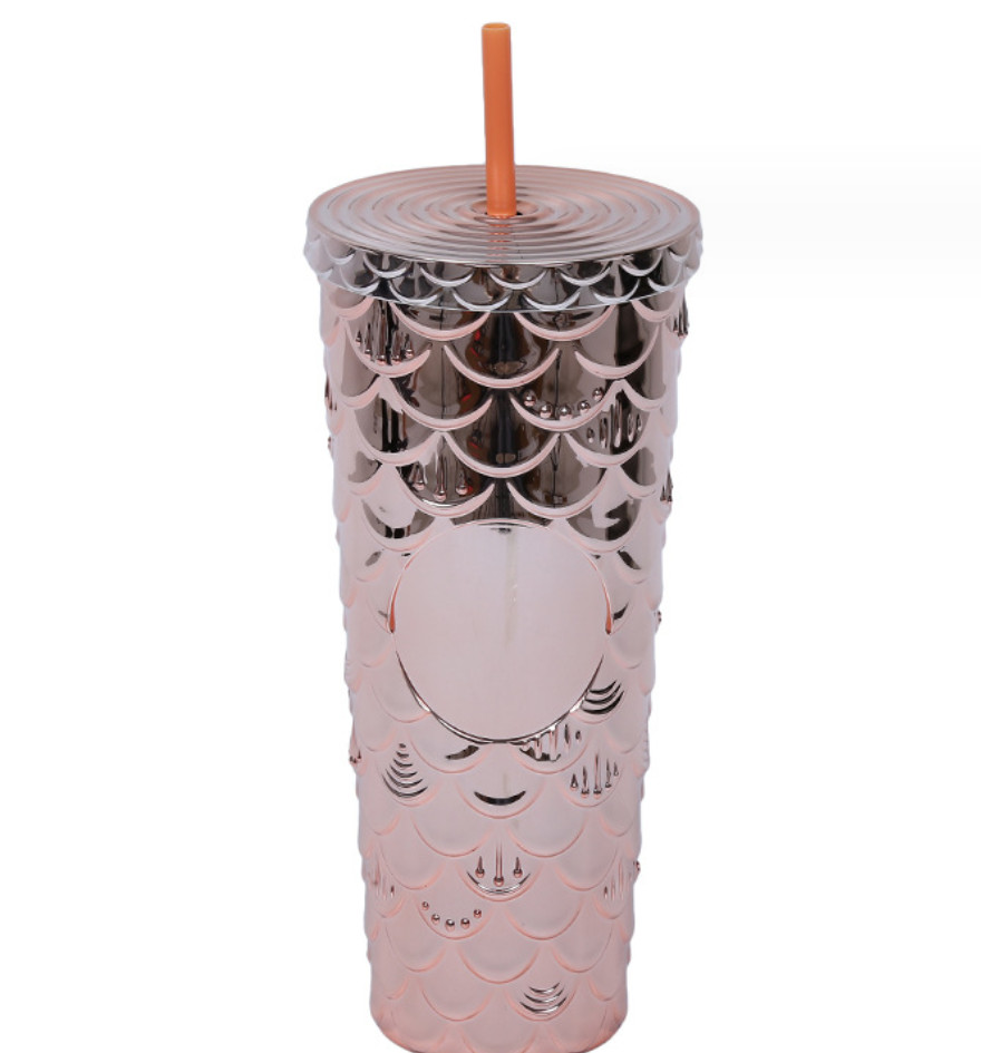 The latest 24OZ rainbow electroplated fish scale double-layer plastic straw coffee mug, many styles to choose from, and any logo can be customized