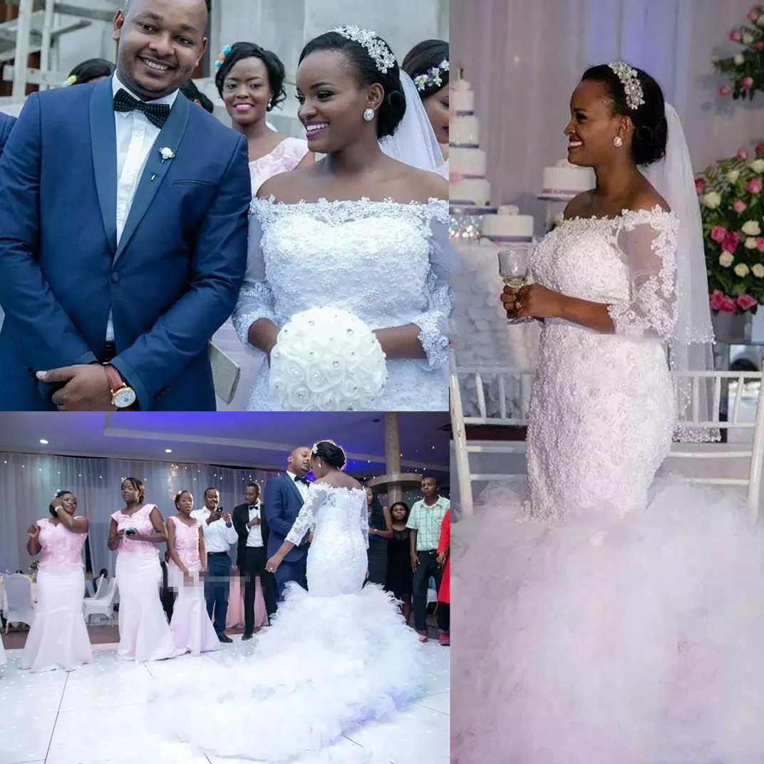 Arabic Off The Shoulder 3/4 Sleeves Mermaid Wedding Dress Ruffles Dresses Appliques Lace Stunning Aso Ebi Bridal Gowns