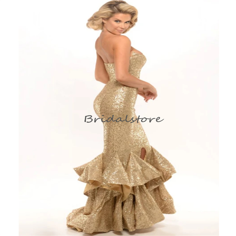 Sparkle Sequin Gold Evening Dress 2023 With Ruffles Elegant Sweetheart Fishtail Mermaid Prom Dress Luxe Women Formal Occasion Vestios De Fiesta Robes 