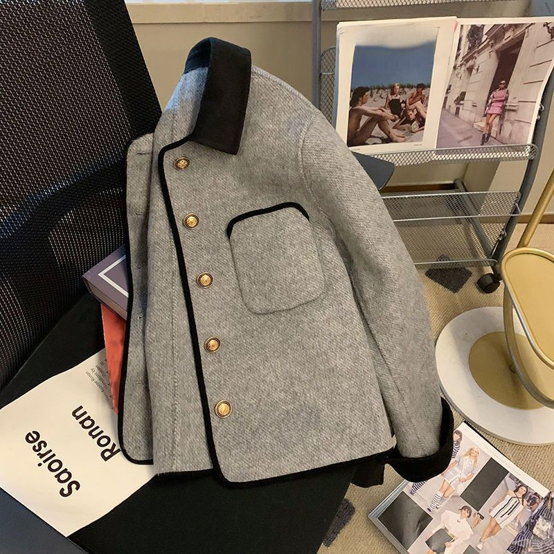 Women s Jackets Short Grey Quilted Coats Vintage Women Clothing Contrast Lapel Woolen Jacket Autumn Winter Harajuku Jaquetas Chaqueta 230826
