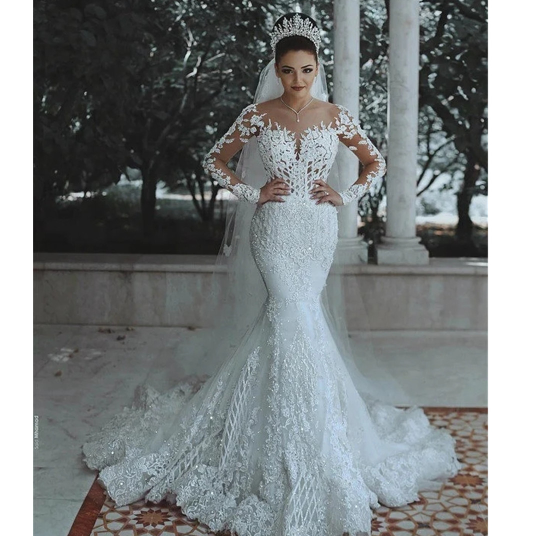 Arabic Plus Size Sheer Neck Long Sleeves Mermaid Wedding Dress Appliques Lace Detachable Stunning Aso Ebi Bridal Gowns 6660312