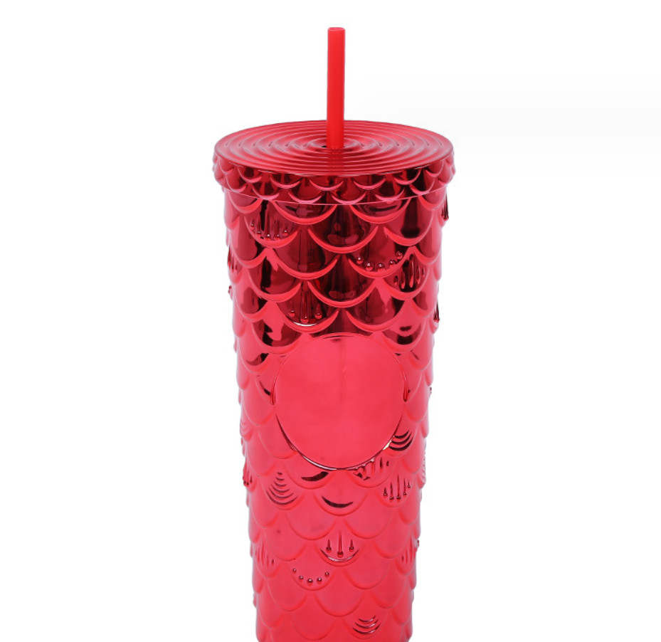 The latest 24OZ rainbow electroplated fish scale double-layer plastic straw coffee mug, many styles to choose from, and any logo can be customized