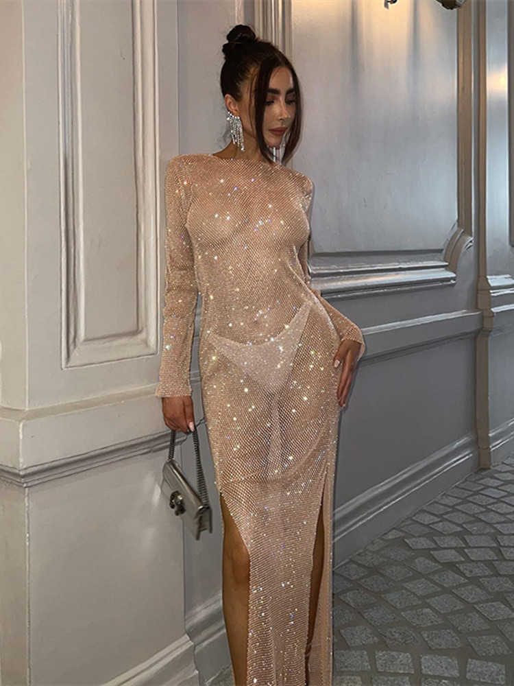 Basic Casual Dresses hirigin Sexy See Through Sheer Mesh Dress Elegant Solid Color Diamonds Slit Long Sleeves Dresses Party Club Lady Long Vestidos T230825