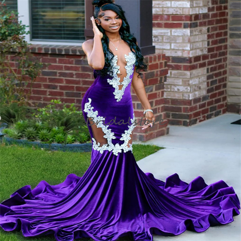 New Purple Mermaid Evening Dress 2023 With Lace Elegant Fishtail Black Girls Prom Dress Plus Size Formal Occasion Party Gowns Vestios De Fiesta Robes 