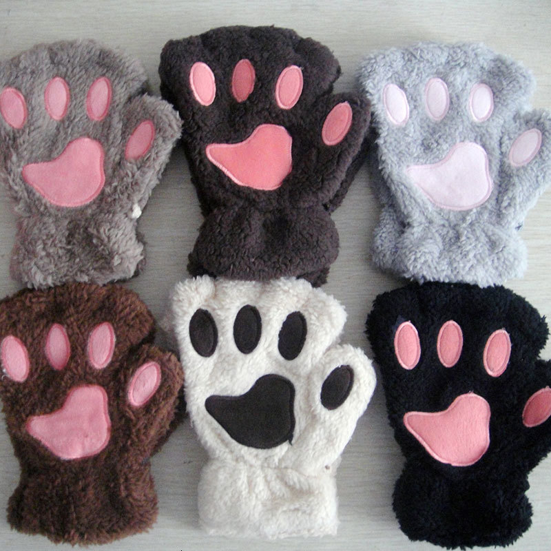 Fingerless Gloves Christmas Halloween Faux Fur Gloves Plush Bear Cat Paw Claw Gloves For Women Cycling Women Mittens Windproof Halffinger Gloves 23082