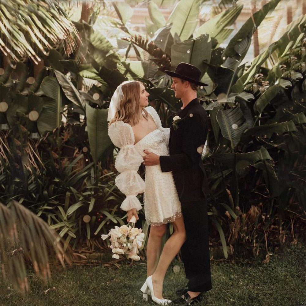 A Line Short Wedding Dress Pearls Studded Long Puff Sleeves Luxe Square Neck Princess Bridal Dresses Wedding Gown Custom Made Vestidos De Novia