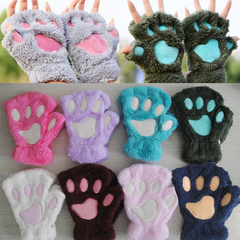 Fingerless Gloves Christmas Halloween Faux Fur Gloves Plush Bear Cat Paw Claw Gloves For Women Cycling Women Mittens Windproof Halffinger Gloves 23082