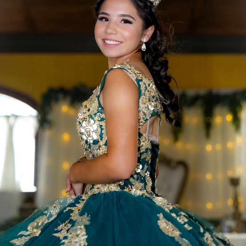 Shiny Green V-Neck Quinceanera Ball Gown Beads Gold Appliques Lace Sweet 16 Dress Lace-Up Party Dresses