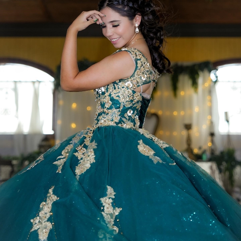 Shiny Green V-Neck Quinceanera Ball Gown Beads Gold Appliques Lace Sweet 16 Dress Lace-Up Party Dresses