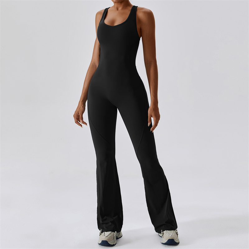 Women's one-piece yoga set sleeveless close fitting dance jumpsuit long pants quick drying and breathable bell bottoms