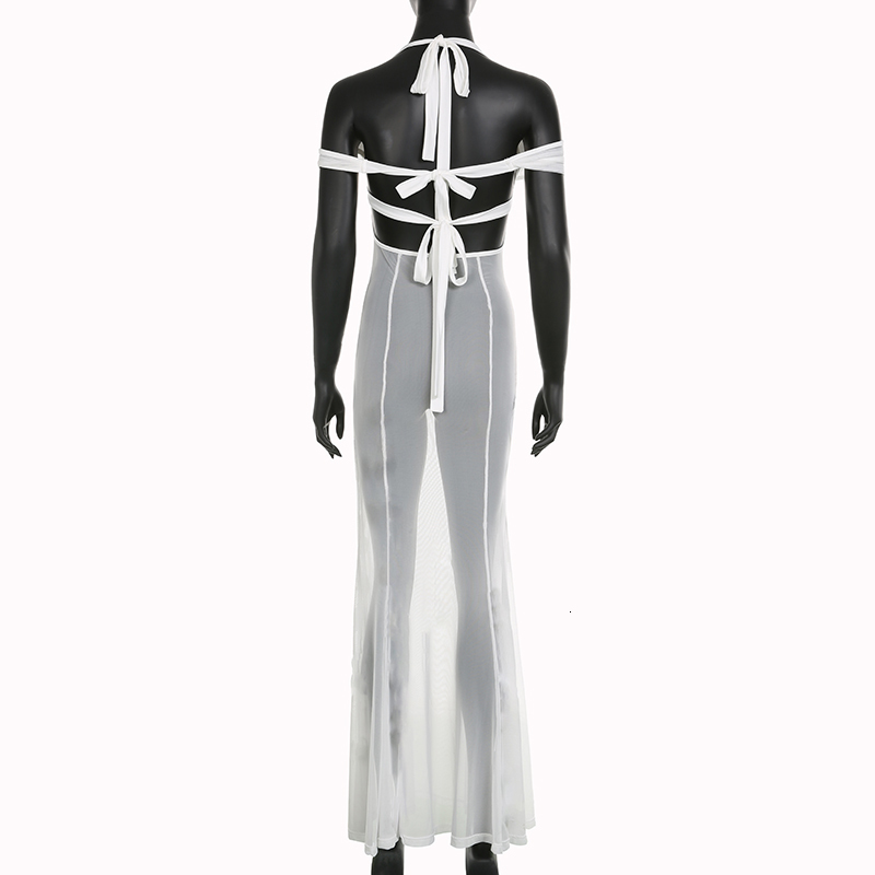 Basic Casual Dresses BIIKPIIK See Through Sexy Women Long Fashion Split White Elegent Clubwear Dress Backless Streetwear Sheer Clothing 230825