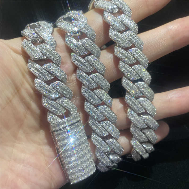 925 Sterling Silver Miami Cuban Link Chain Hip Hop Jewelry Diamond Clasp Iced Vvs Moissanite Baguette