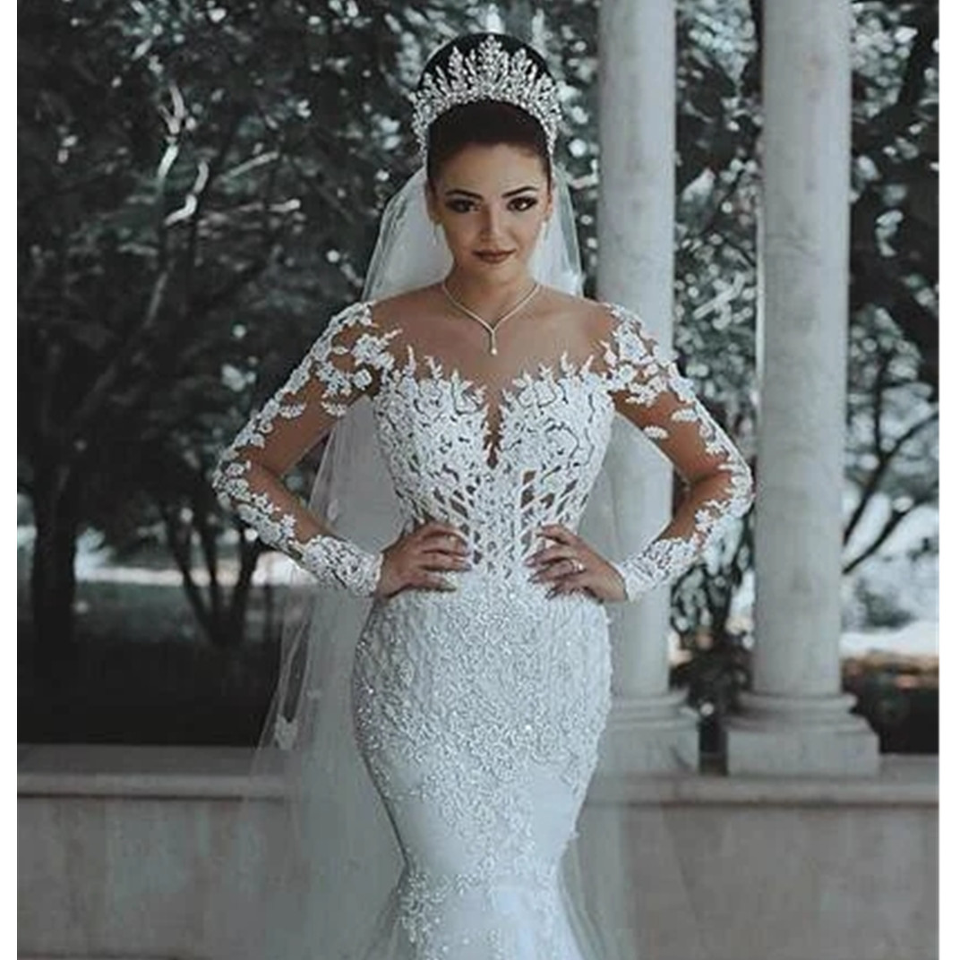 Arabic Plus Size Sheer Neck Long Sleeves Mermaid Wedding Dress Appliques Lace Detachable Stunning Aso Ebi Bridal Gowns 6660312