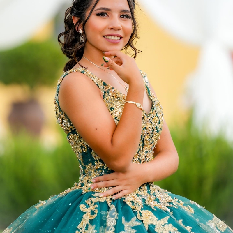 Shiny Green V-Neck Quinceanera Ball Gown Beads Gold Appliques Lace Sweet 16 Dress Lace-Up Party Dresses