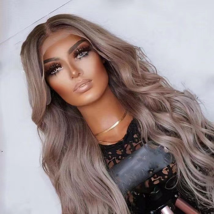Peruvian Loose wave hd lace frontal wig long blonde brown roots smoky mauve with punky gray highlights multi color 13x4 lace front wig perruqe for bla