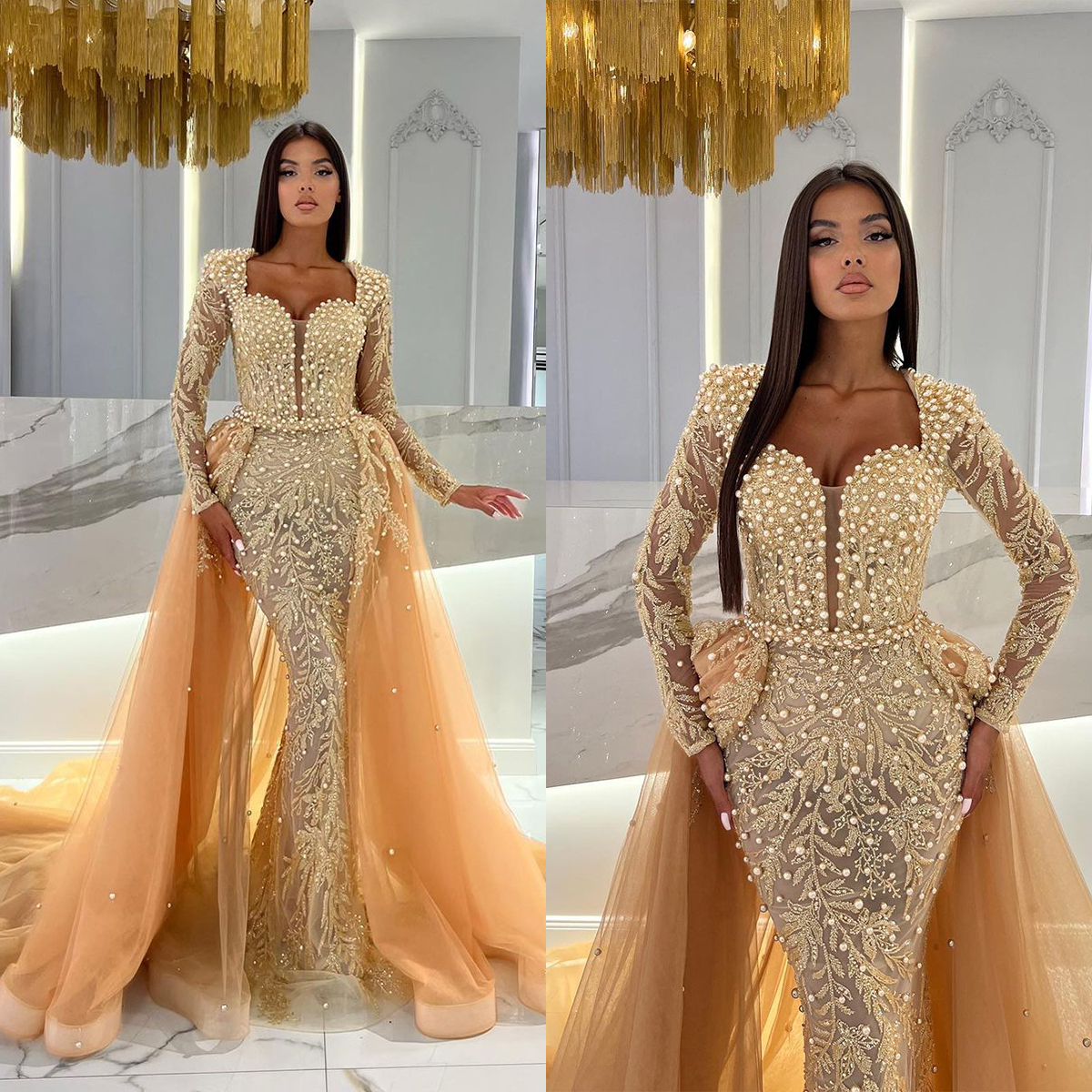 Luxury Mermaid Wedding Dresses Sweetheart Neck Pearl Beaded Appliques Detachable Train Bridal Gowns Slim Fit Long Sleeve Dress