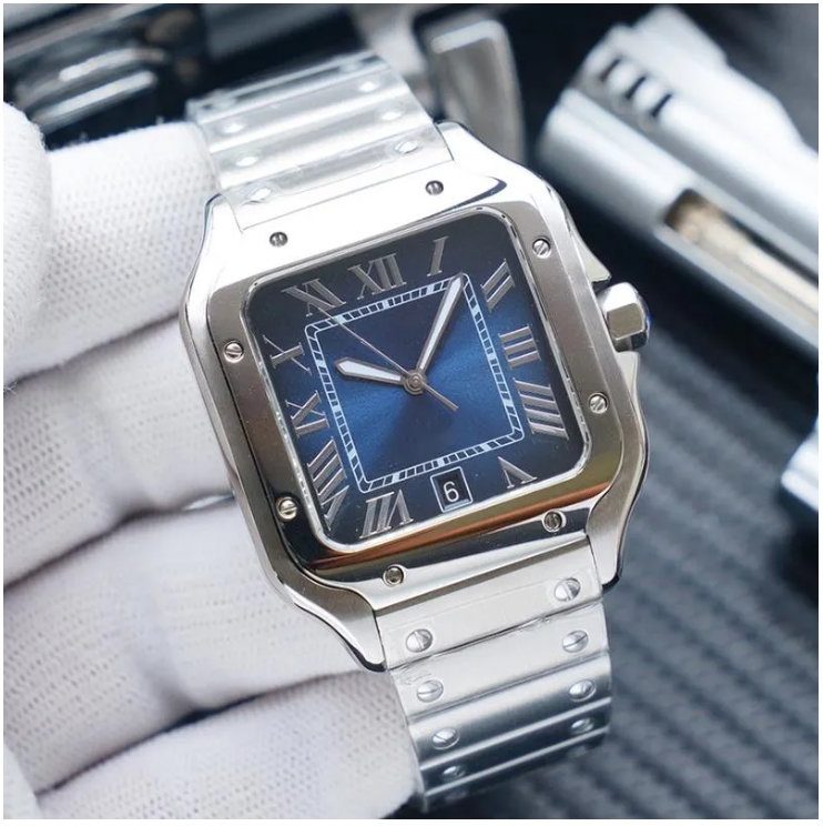 Wristwatch for Man Automatic Mechanical Mens Watch Self-Winding 40mm Fashion Square Blue Dial Stainless Steel Metal Strap Casual Watches Sport Clock Montre