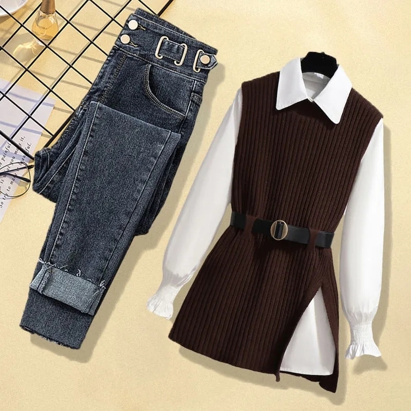 Women s Two Piece Pants Large Autumn and Winter Suit for Women 2023 Korean Fashion Knitted Vest Shirt Casual Slim Jeans Three Set 230826