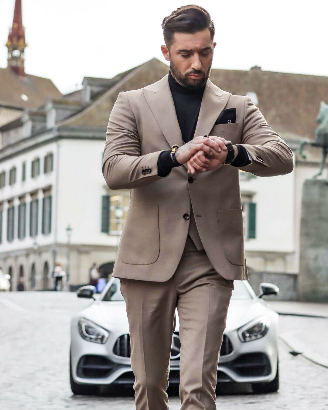 khaki 3 Pieces Slim Fit Mens Wedding Tuxedos Two Button Single Breasted Suit Sets Peaked Lapel Custom Made Costumes Pour Hommes