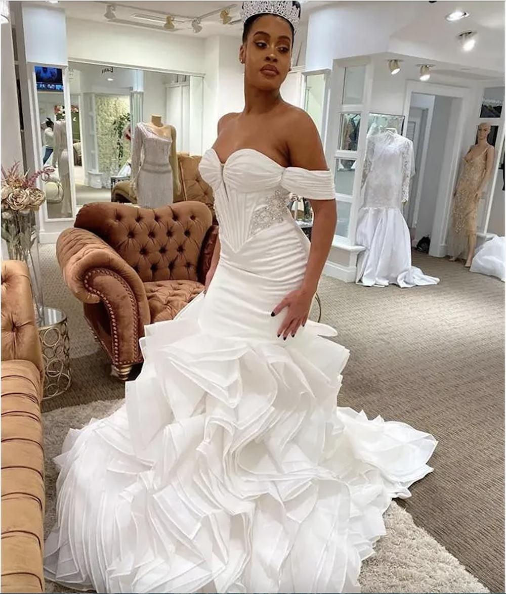 Gorgeous Plus Size Mermaid Organza Wedding Dresses Bridal Gowns Court Train Off Shoulder Beaded Tiered Ruffles robe de mariee Second Reception Dress 0