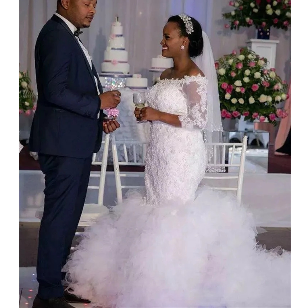 Arabic Off The Shoulder 3/4 Sleeves Mermaid Wedding Dress Ruffles Dresses Appliques Lace Stunning Aso Ebi Bridal Gowns