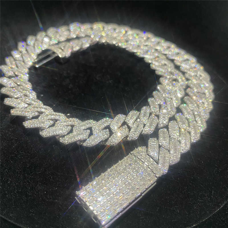 925 Sterling Silver Miami Cuban Link Chain Hip Hop Jewelry Diamond Clasp Iced Vvs Moissanite Baguette