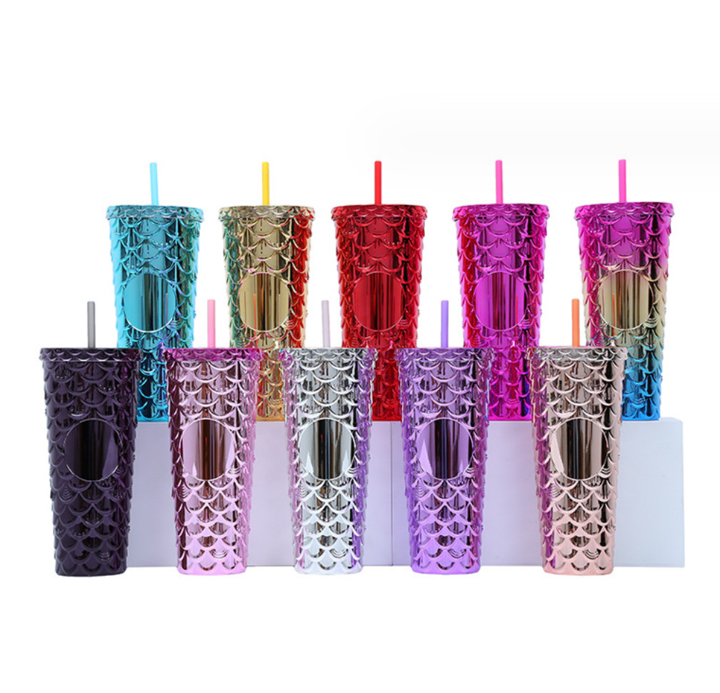 The latest 24OZ rainbow electroplated fish scale double-layer plastic straw coffee mug, many styles to choose from, and any logo can be customized
