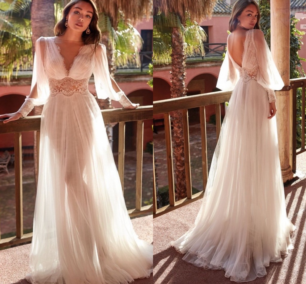 New Summer Boho Wedding Dress For Women V-neck Long Puffy Sleeves Lace Appliques Bride Gowns Customed Vestidos De Noiva