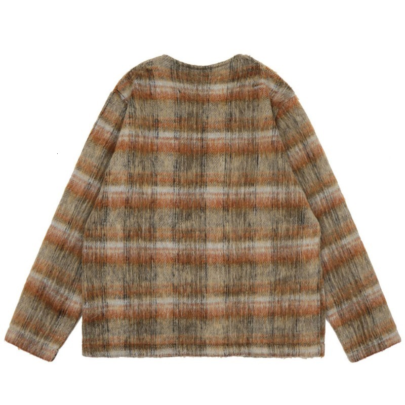 Men's Sweaters 2023 Retro Cardigan Sweater Men Harajuku Mohair Stripe Brown Plaid Knitted Hip Hop Streetwear Loose Fleece Button Coat 230826