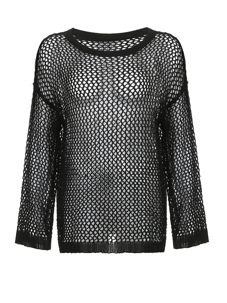 Women's Sweaters Weekeep y2k Crochet Sweater Hollow Out Loose Smock Grunge Fishnet Distressed Pullovers Oversized Knit Jumper Harajuku Streetwear