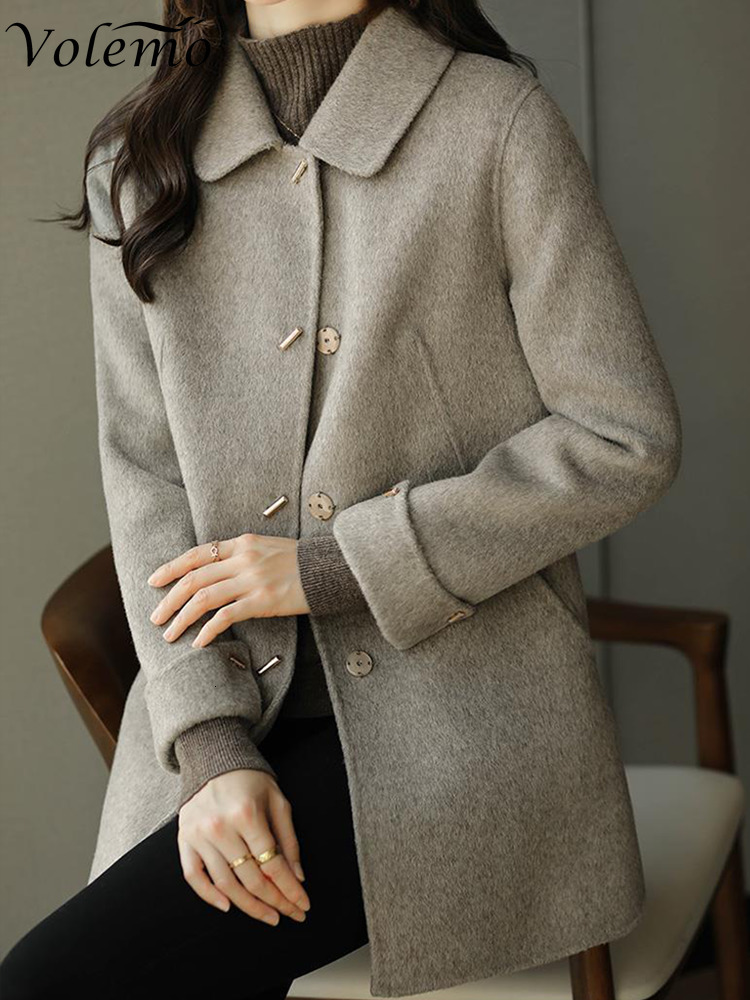 Women's Wool Blends Woolen Coat Slim Fashion Office Lady Square Collar Single Breasted Winter Coats for Women Wide-waisted Pocket Black Coat 2308
